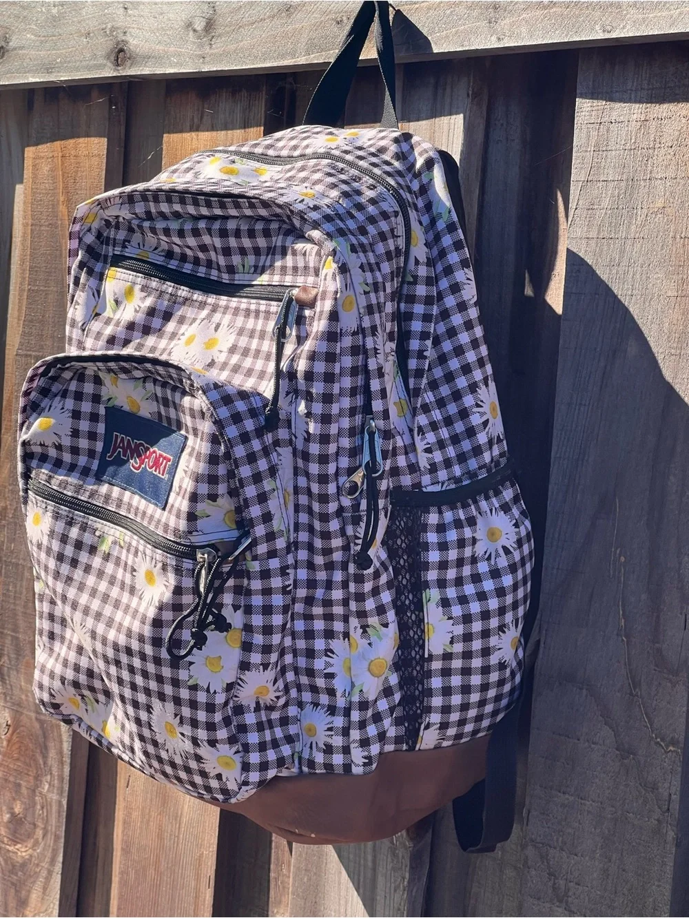 Jansport Brown Gingham Daisy Kids Backpack with Tan Faux-Leather Base